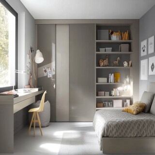 Modern Grey And Beige Kids Room Design With Glossy Sliding Wardrobe